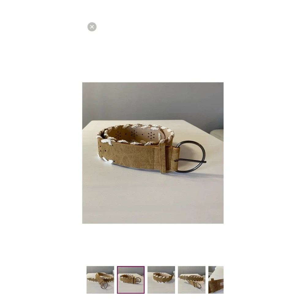 Tan Leather‎ Look Belt Eyelet Cutout White Stitching D Ring Buckle
